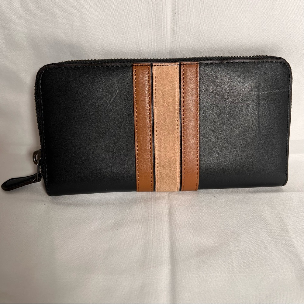 Coach Black and Brown Leather Zip Around Wallet